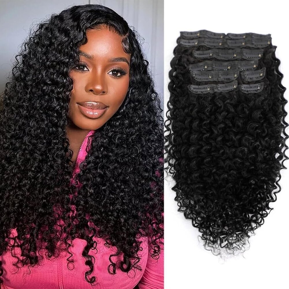 Kinky Curly Clip In Hair Extensions Human Hair 16 Inch Natural Black